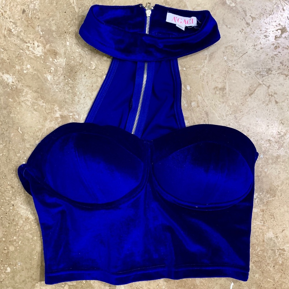 Royal Blue Velour Sweetheart Neck Strap Crop Top